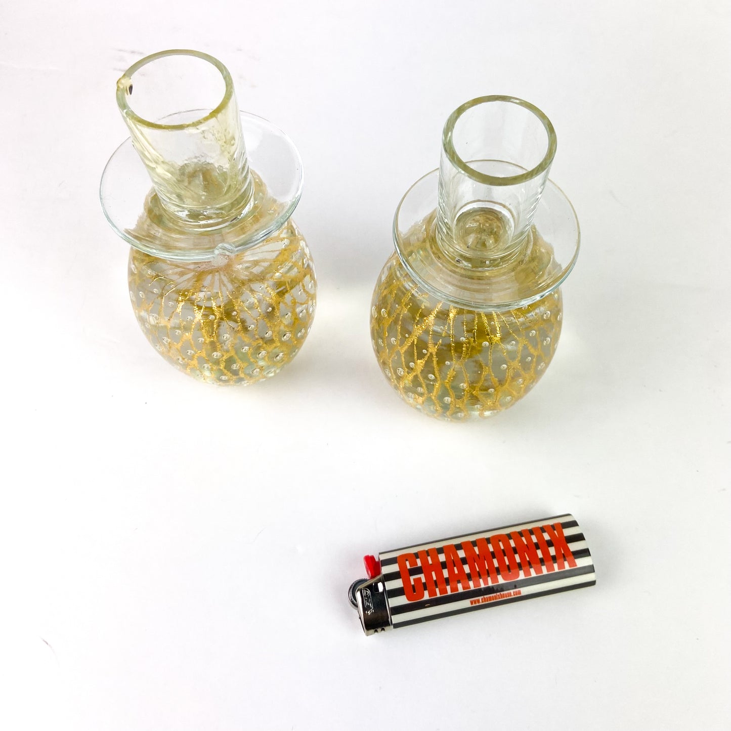 Pair of Clear + Gold Fleck Bubbled Candlesticks #O1182