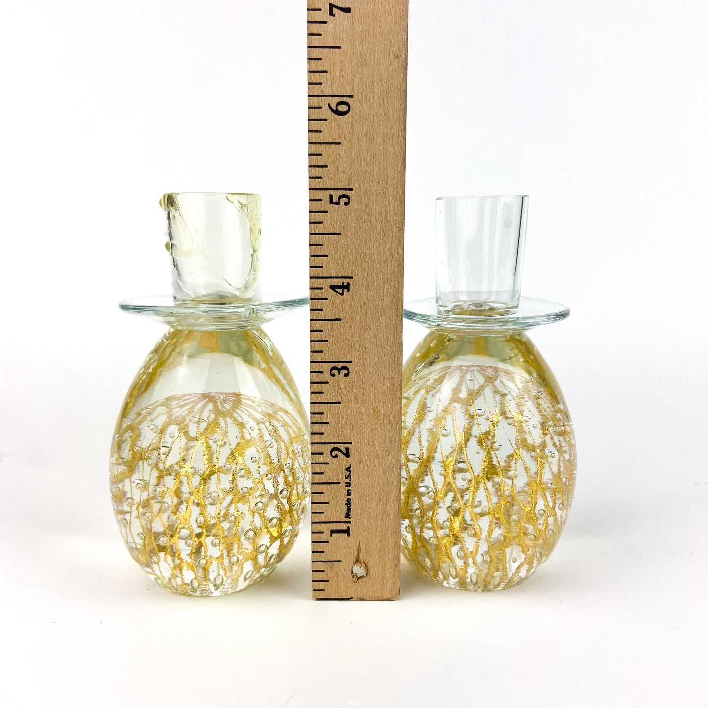 Pair of Clear + Gold Fleck Bubbled Candlesticks #O1182