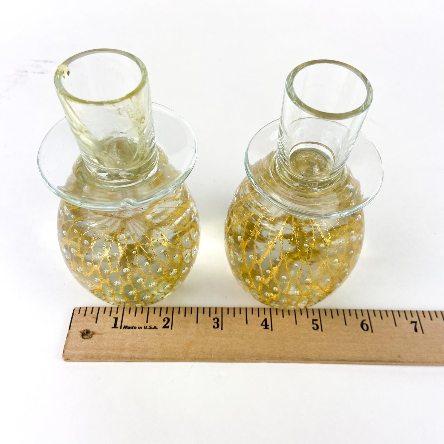 Pair of Clear + Gold Fleck Bubbled Candlesticks #O1182