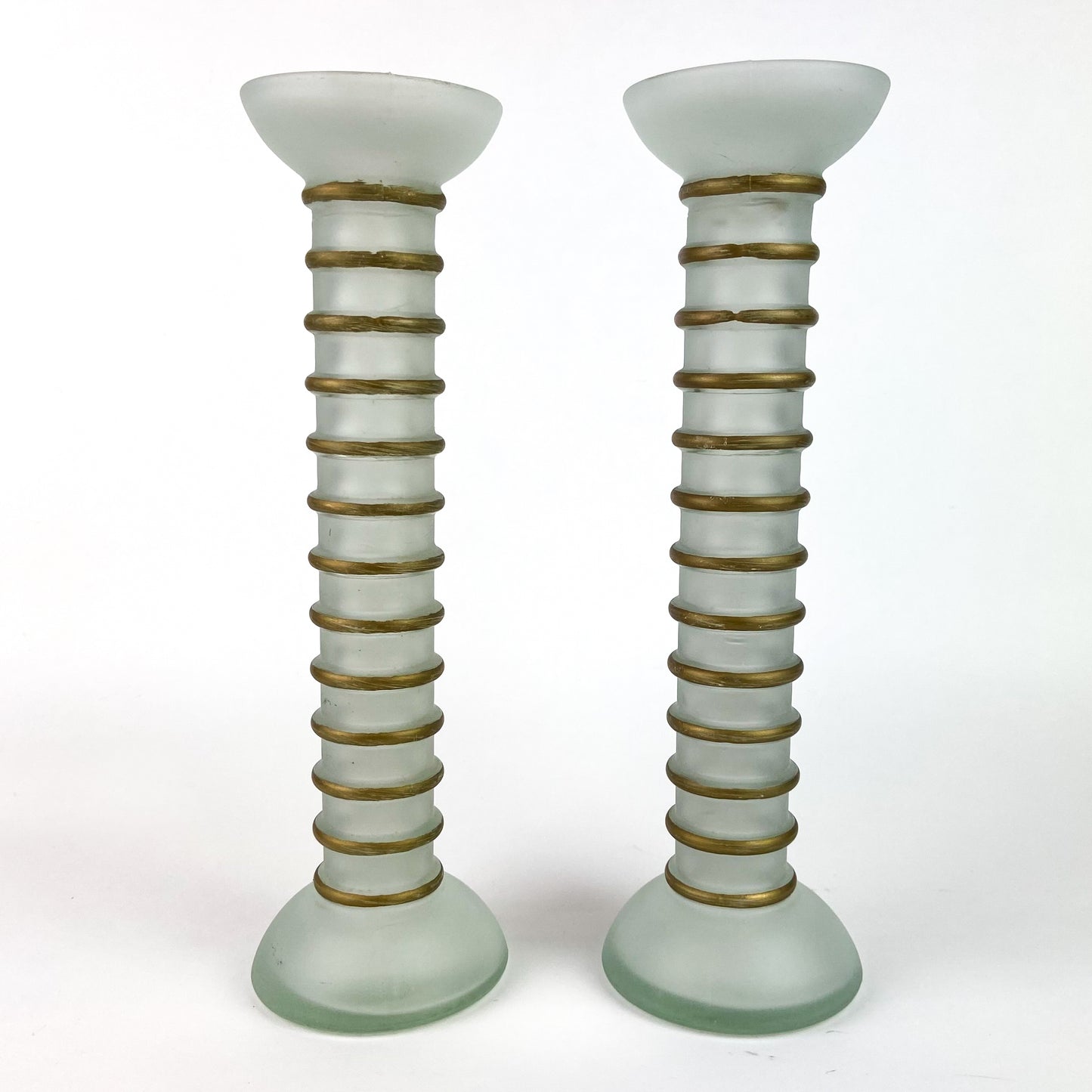 Pair of Gold Trim + Frosted Glass Candlesticks #O1183