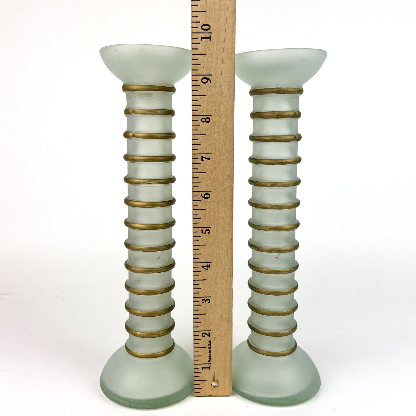 Pair of Gold Trim + Frosted Glass Candlesticks #O1183