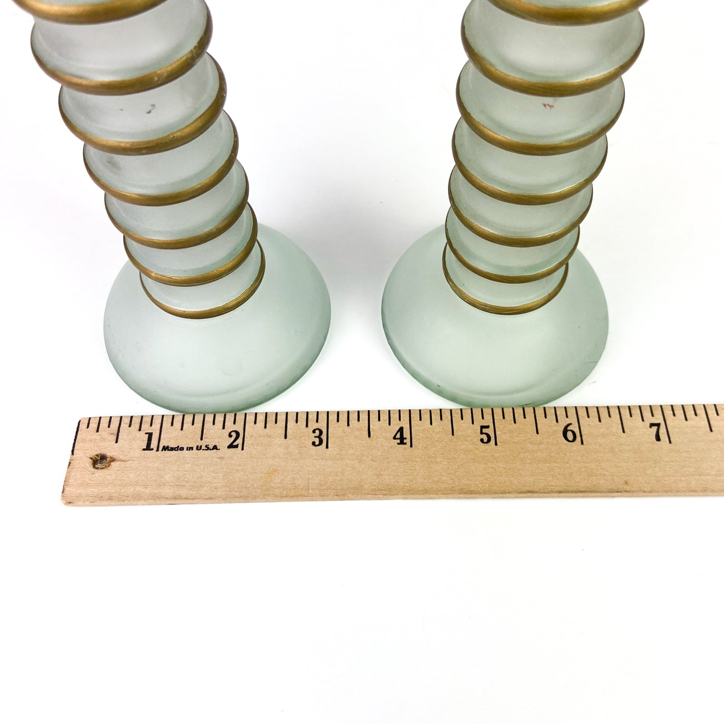 Pair of Gold Trim + Frosted Glass Candlesticks #O1183