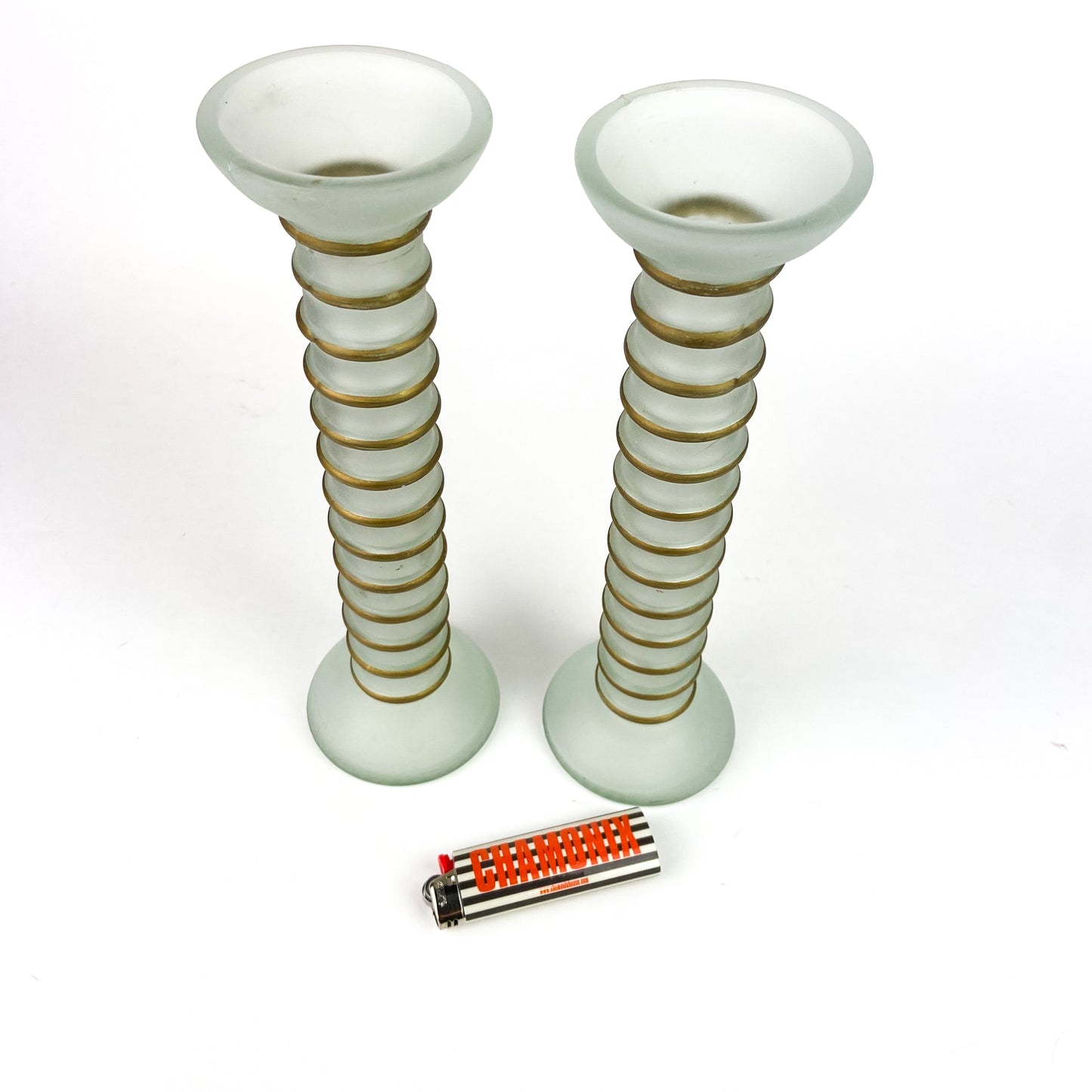 Pair of Gold Trim + Frosted Glass Candlesticks #O1183