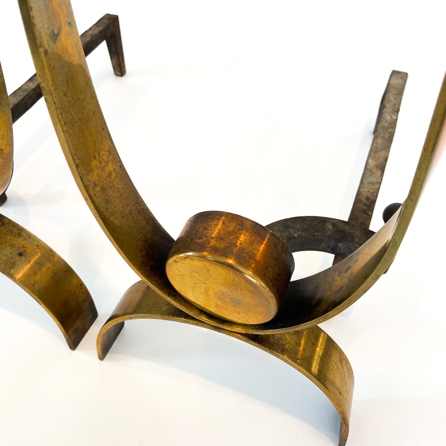 Pair of Mid Century Iron + Brass Ribbon Andirons #O1203