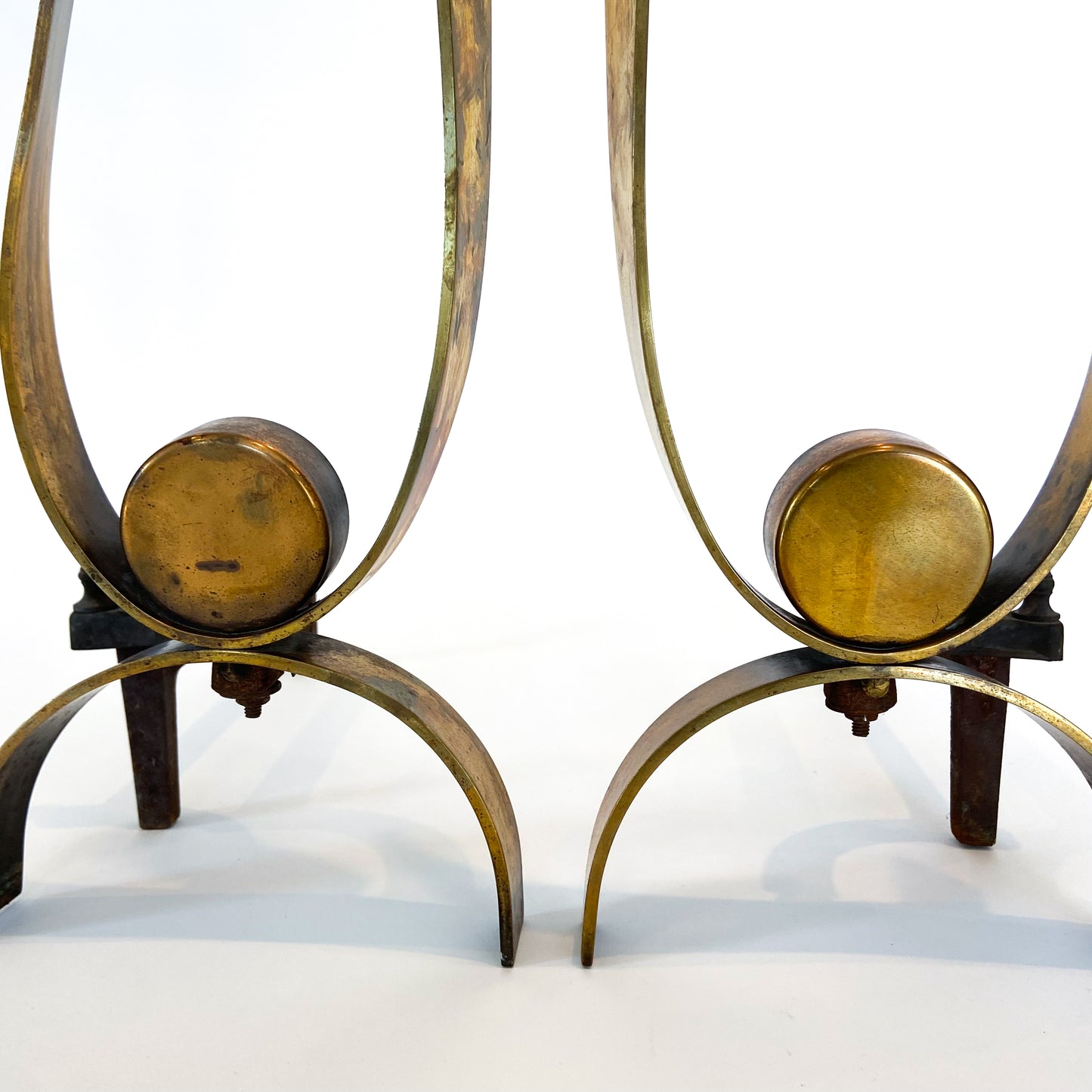 Pair of Mid Century Iron + Brass Ribbon Andirons #O1203