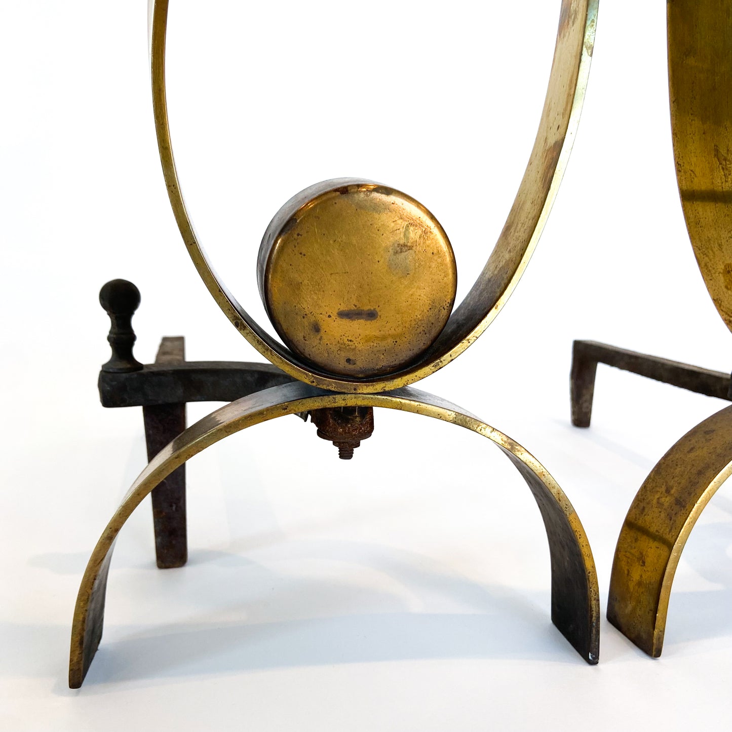 Pair of Mid Century Iron + Brass Ribbon Andirons #O1203