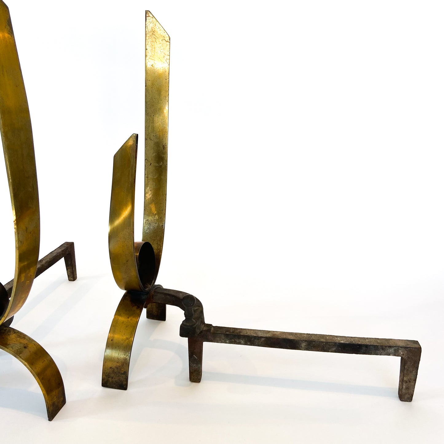 Pair of Mid Century Iron + Brass Ribbon Andirons #O1203