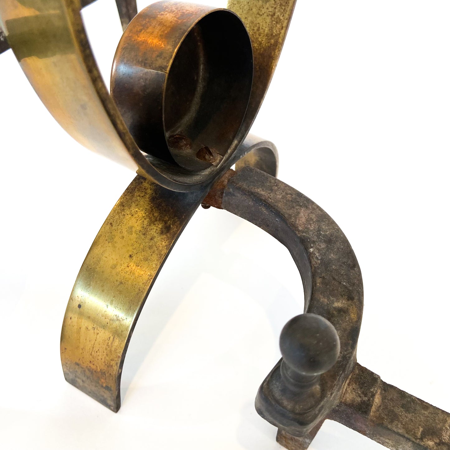 Pair of Mid Century Iron + Brass Ribbon Andirons #O1203