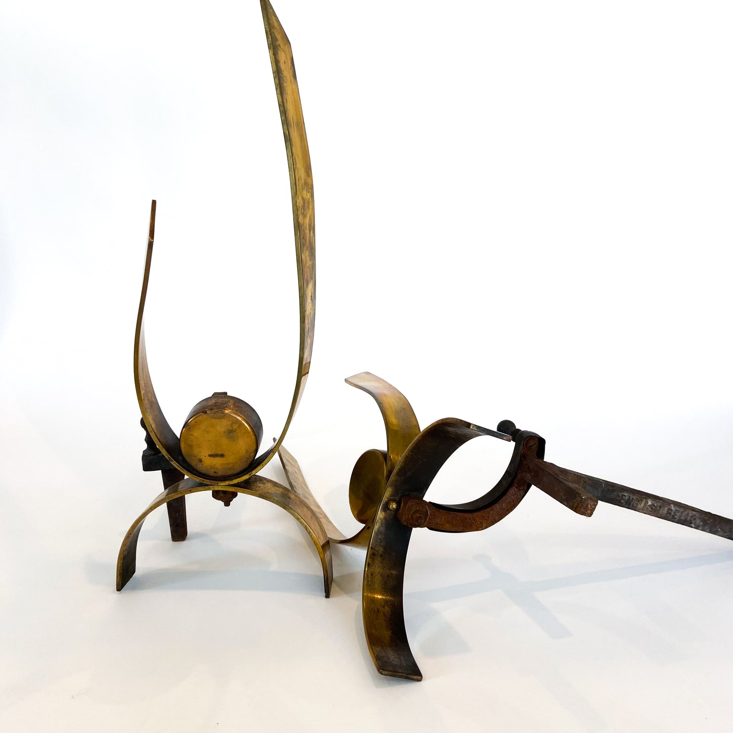 Pair of Mid Century Iron + Brass Ribbon Andirons #O1203