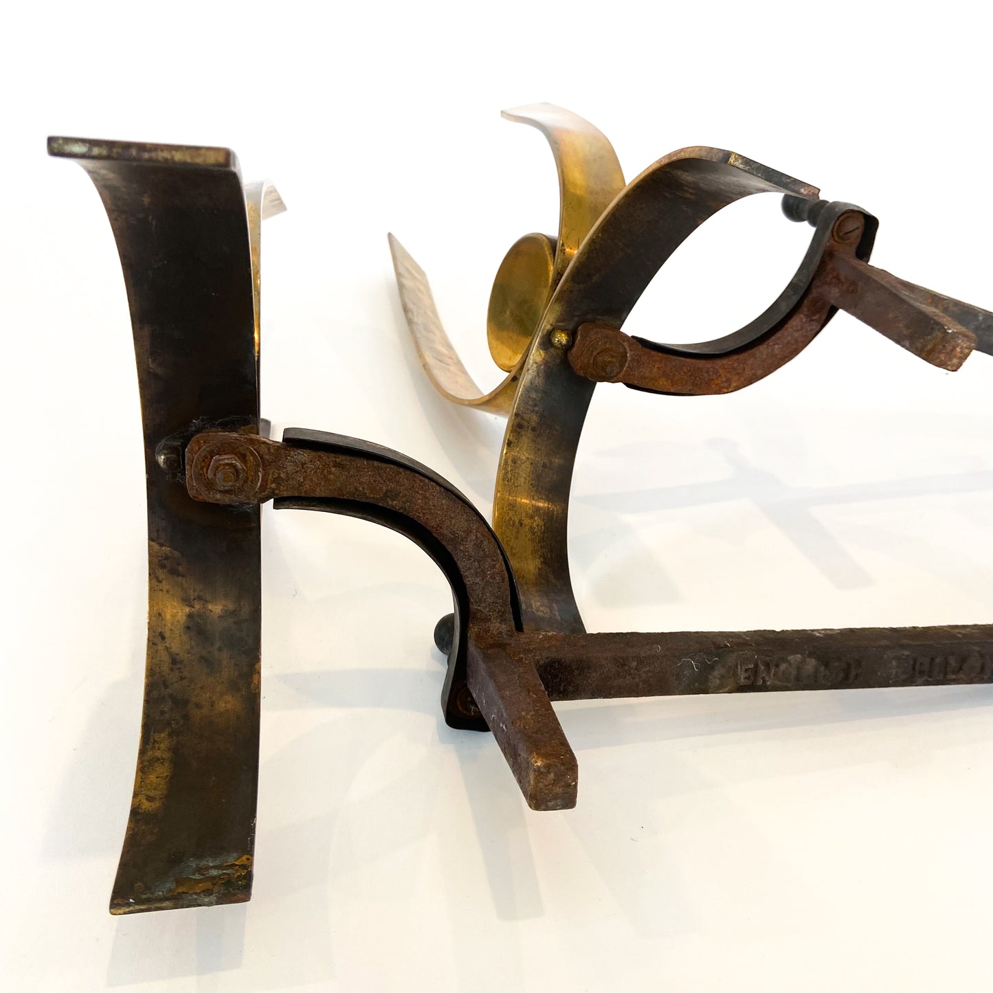 Pair of Mid Century Iron + Brass Ribbon Andirons #O1203