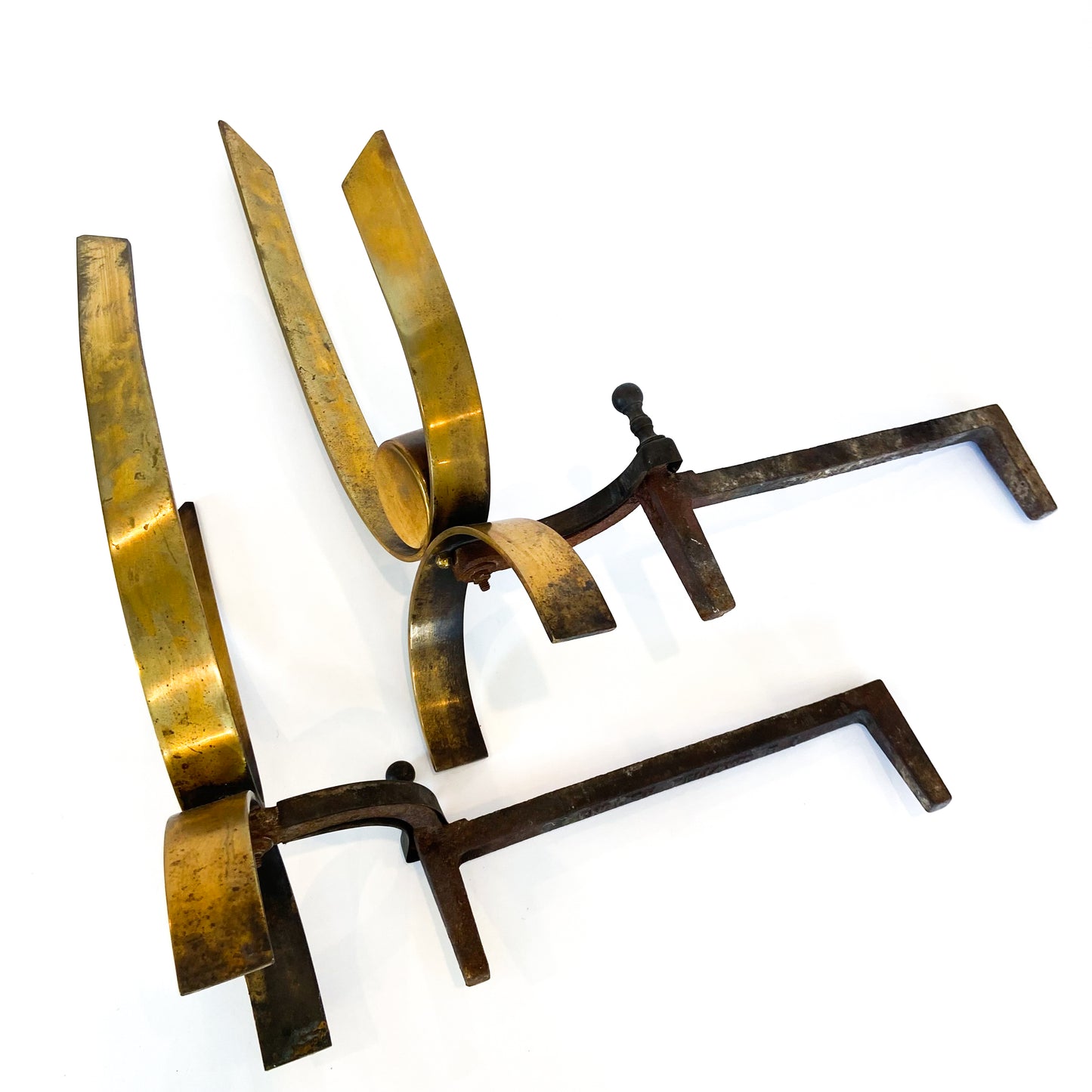 Pair of Mid Century Iron + Brass Ribbon Andirons #O1203