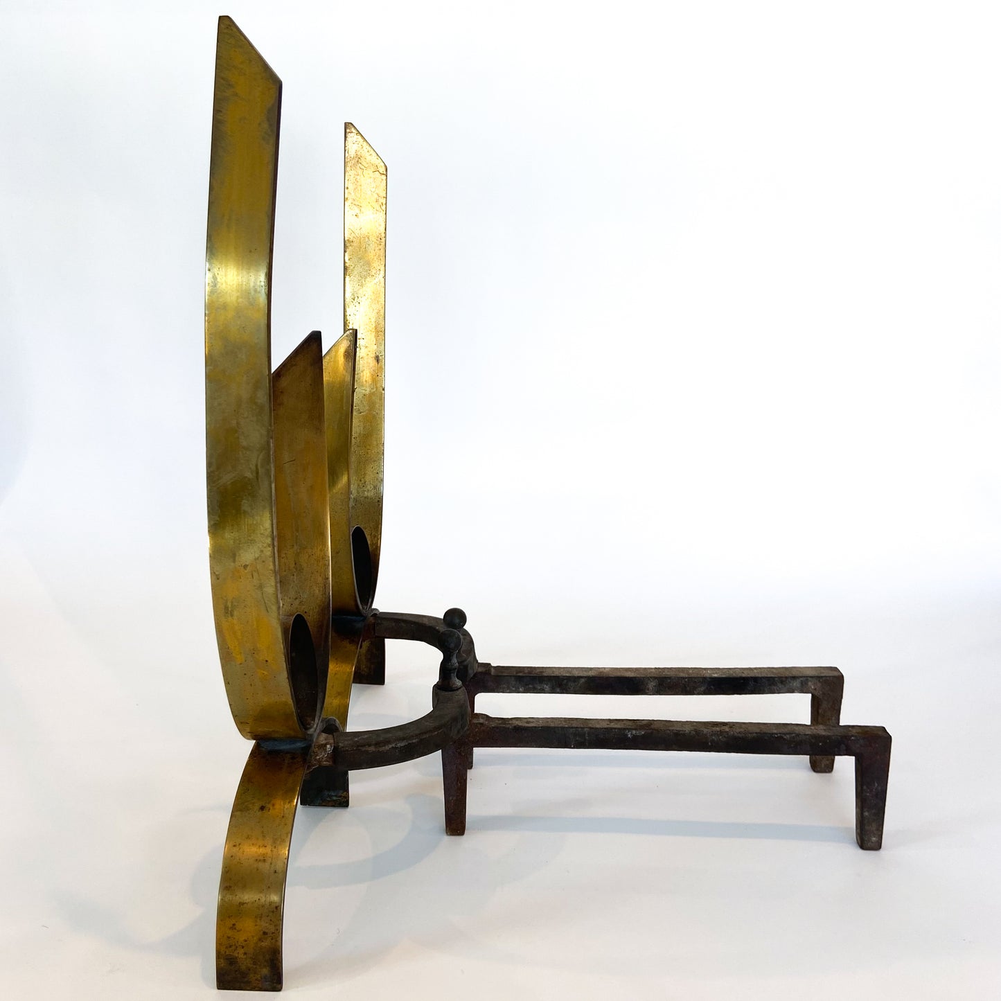 Pair of Mid Century Iron + Brass Ribbon Andirons #O1203