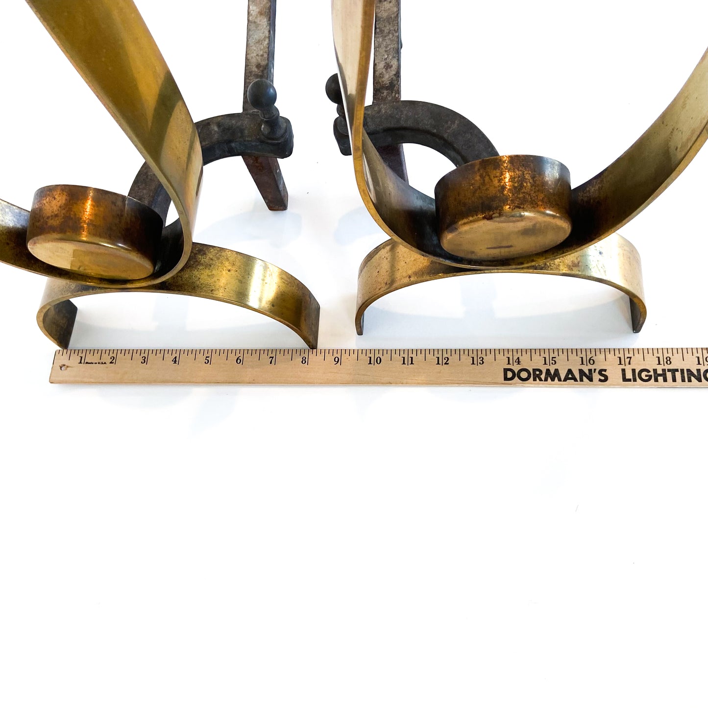 Pair of Mid Century Iron + Brass Ribbon Andirons #O1203