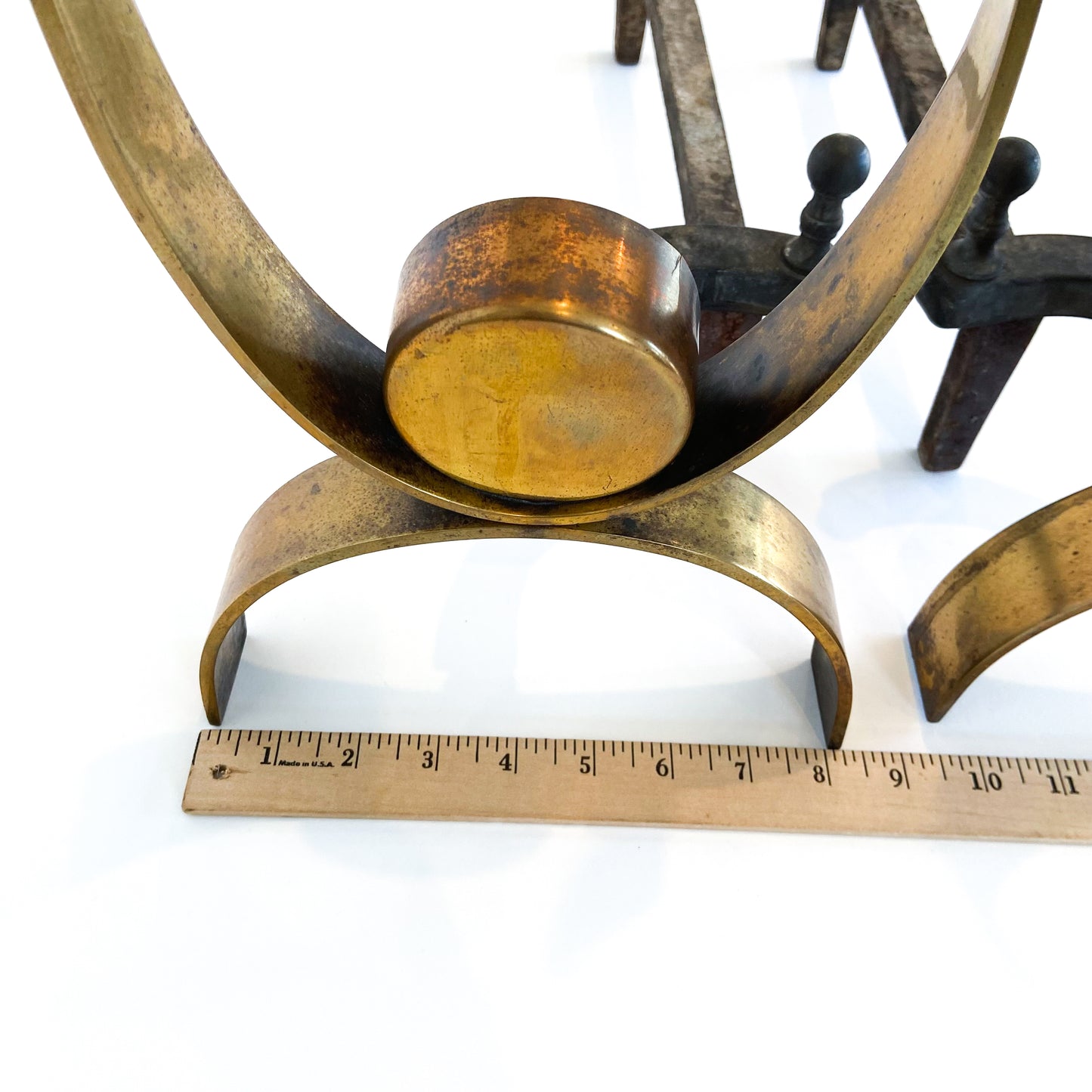 Pair of Mid Century Iron + Brass Ribbon Andirons #O1203