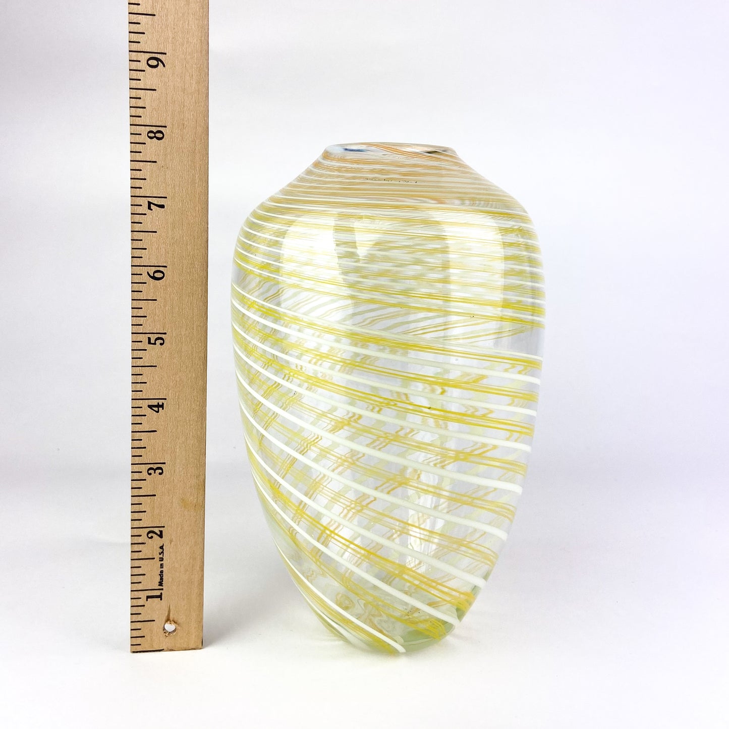 Handblown Yellow + White Striped Studio Art Glass Vase #O705