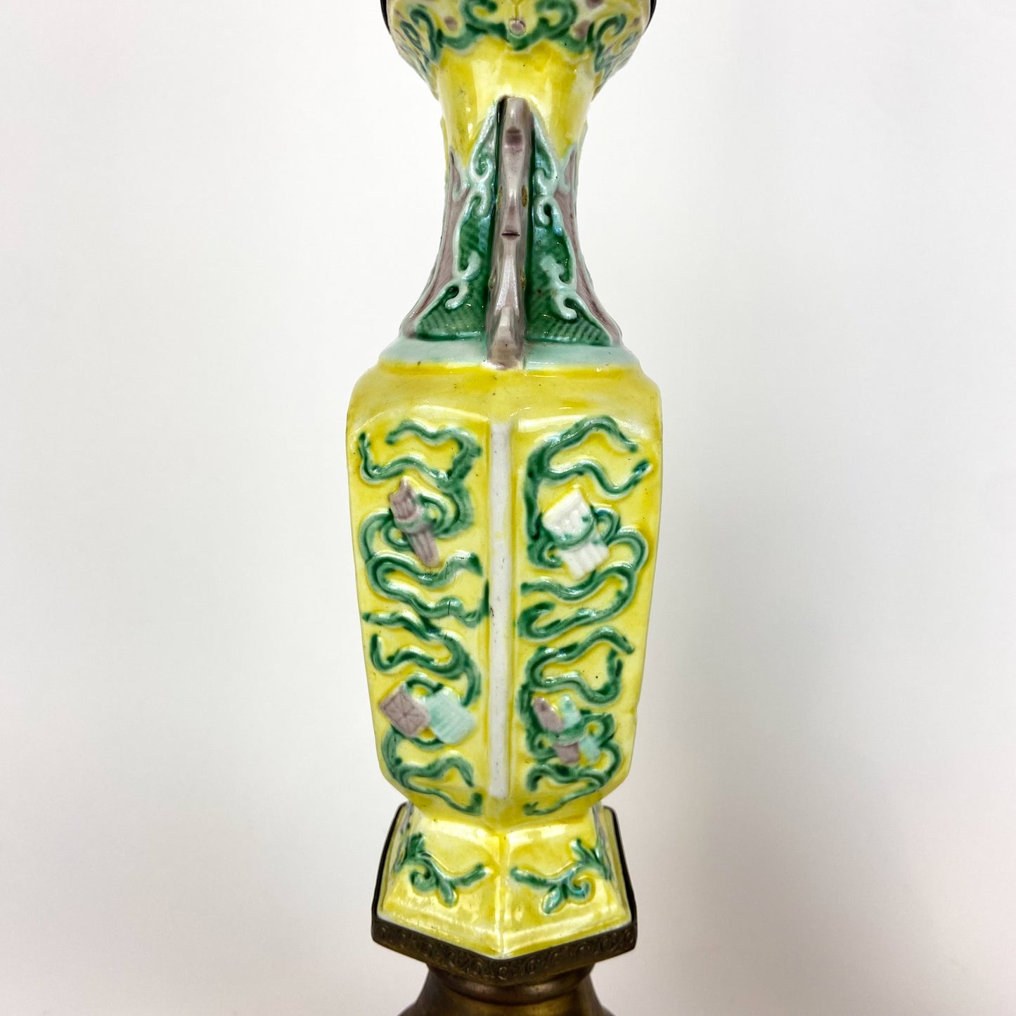 Pair of Antique Yellow Chinese Chinoiserie Porcelain Lamps #L05