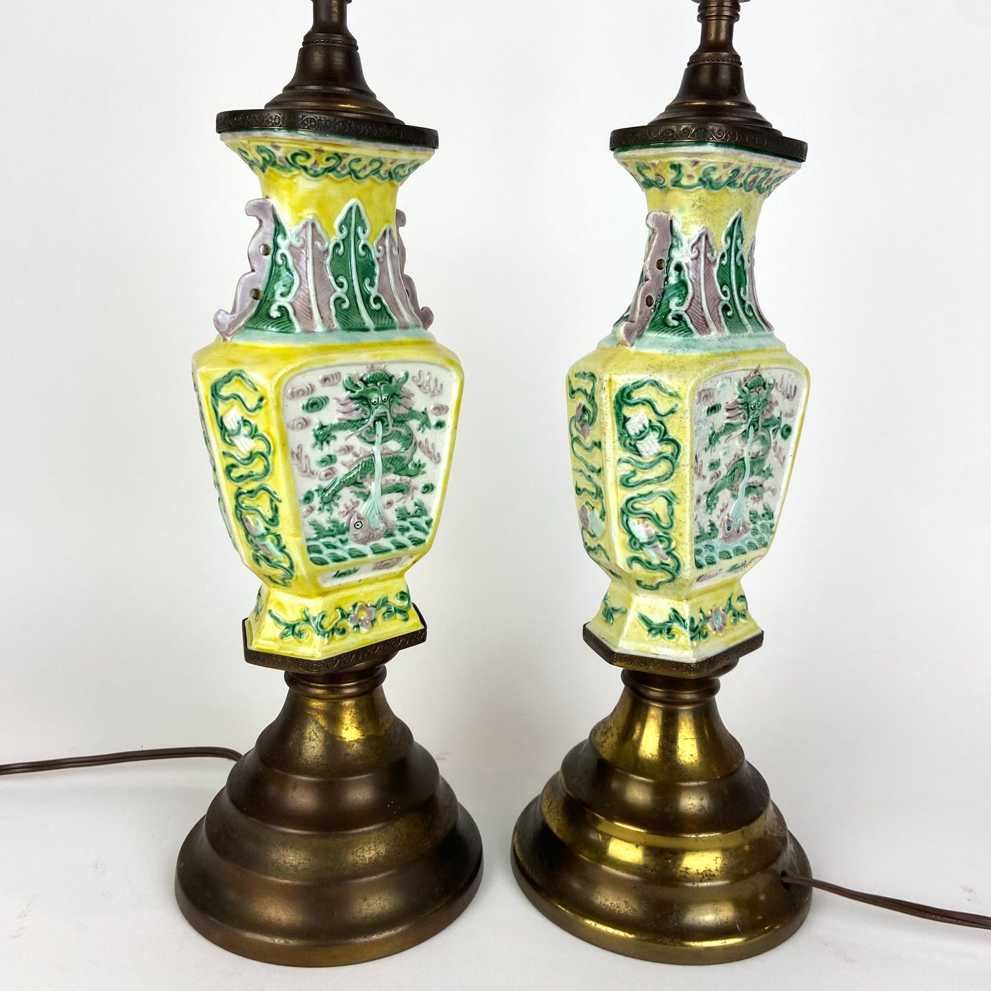 Pair of Antique Yellow Chinese Chinoiserie Porcelain Lamps #L05