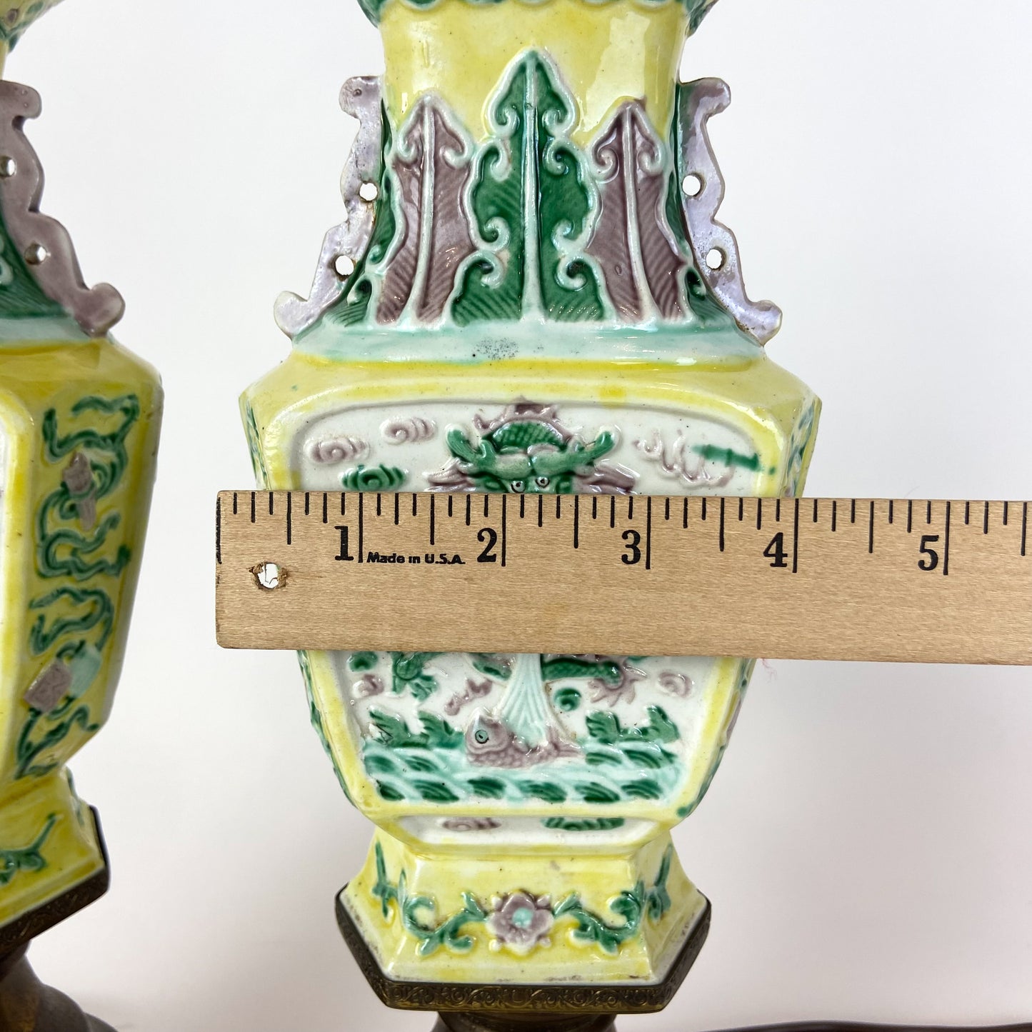 Pair of Antique Yellow Chinese Chinoiserie Porcelain Lamps #L05