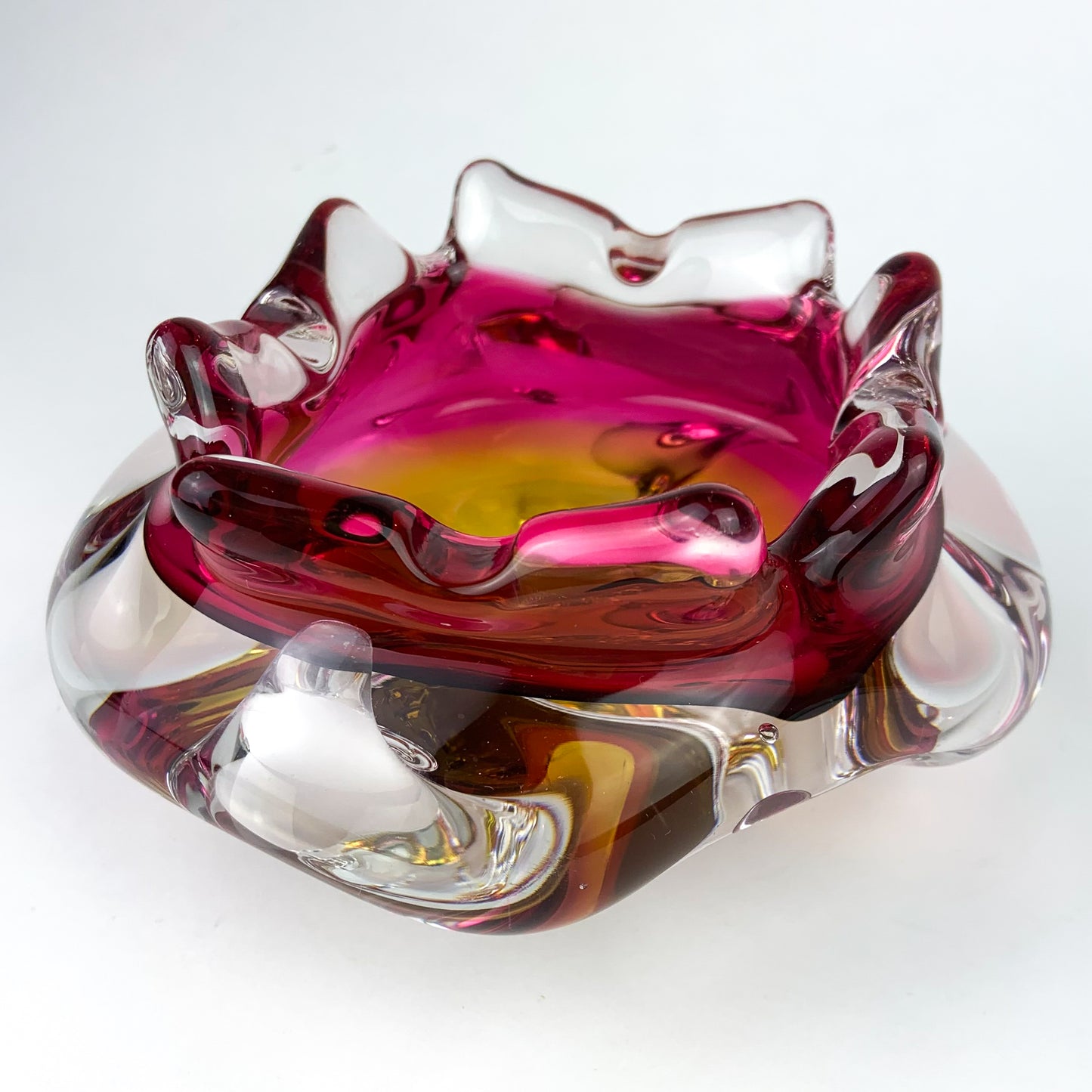 Czech Raspberry + Gold Freeform Pedestal Glass Catchall/Ashtray #O959