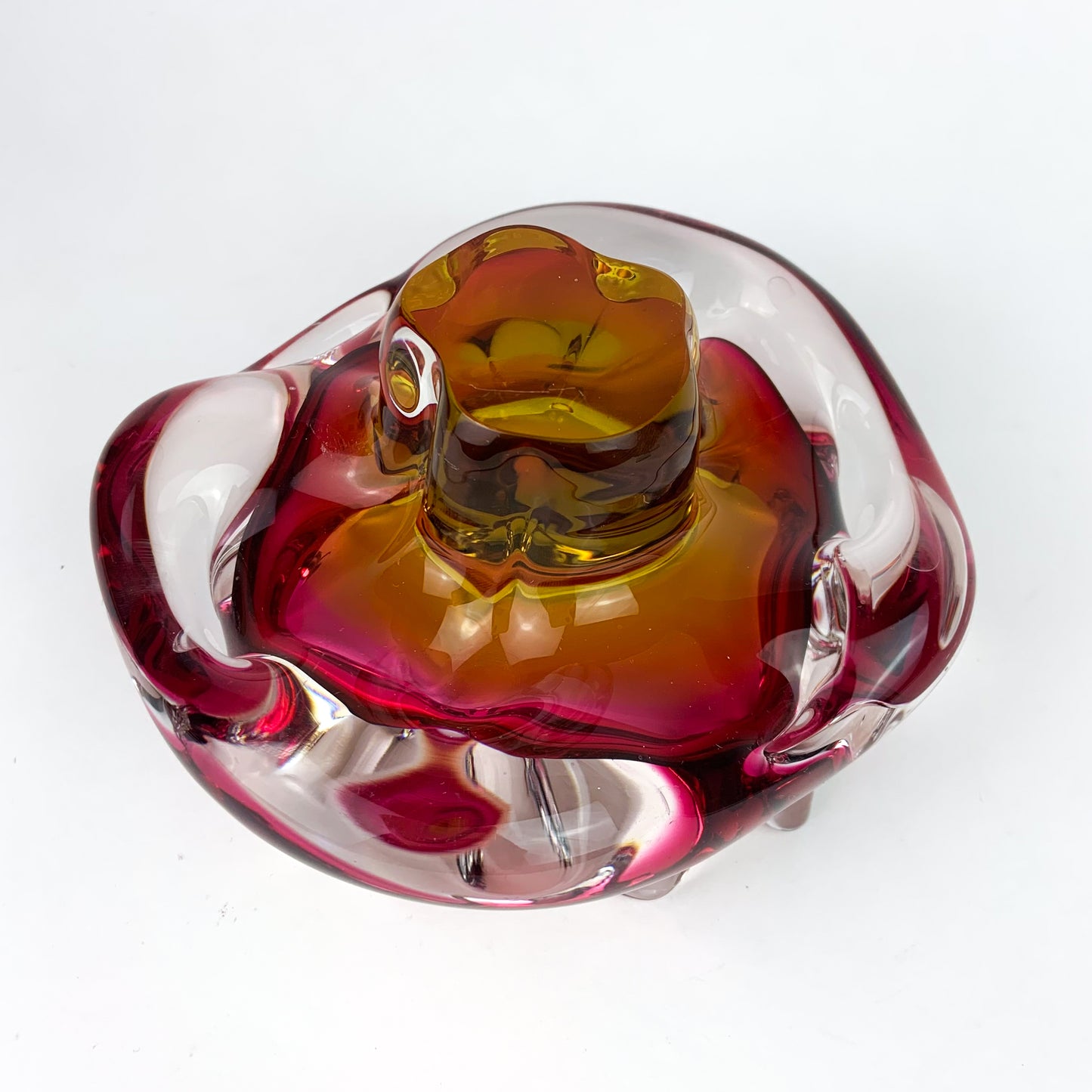 Czech Raspberry + Gold Freeform Pedestal Glass Catchall/Ashtray #O959