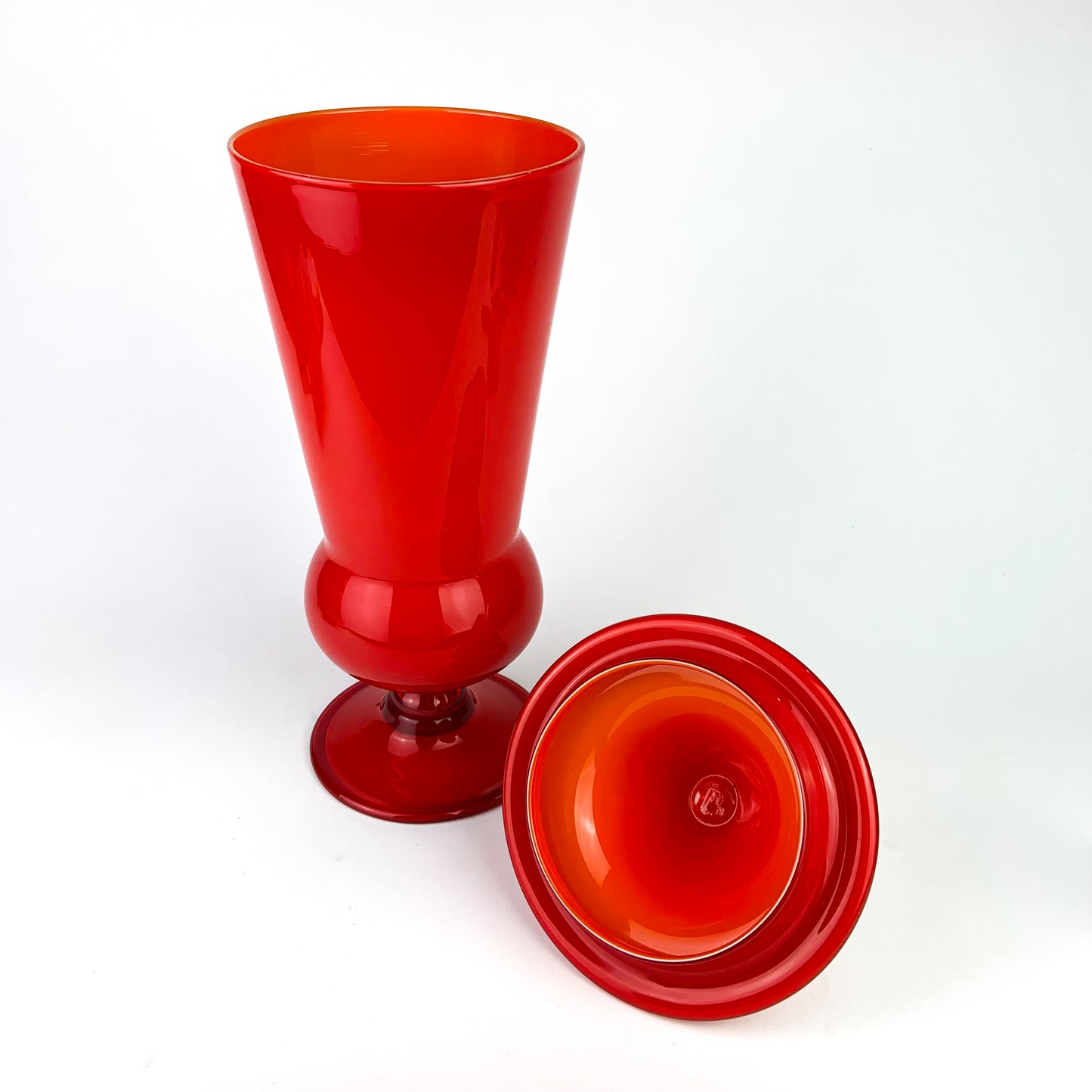 Large Post Modern Red Lidded Glass Jar #O965