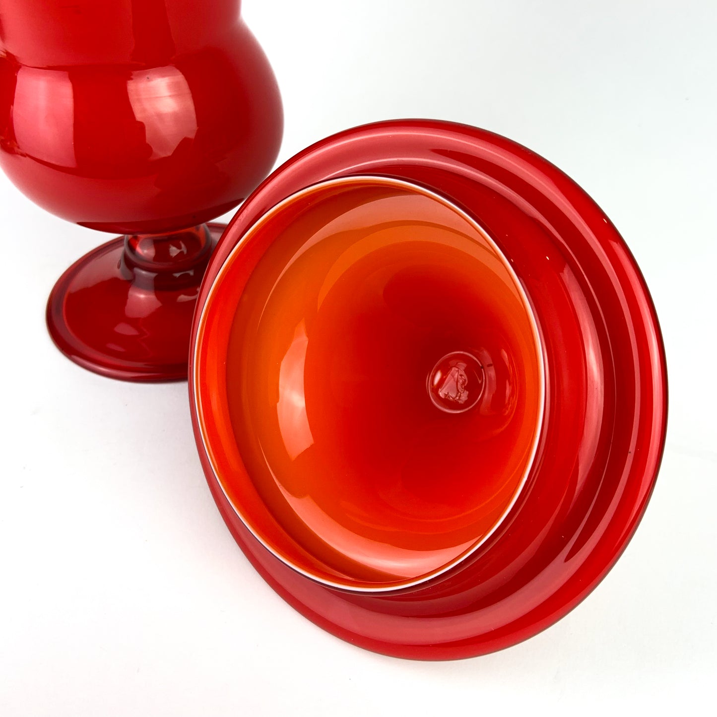 Large Post Modern Red Lidded Glass Jar #O965