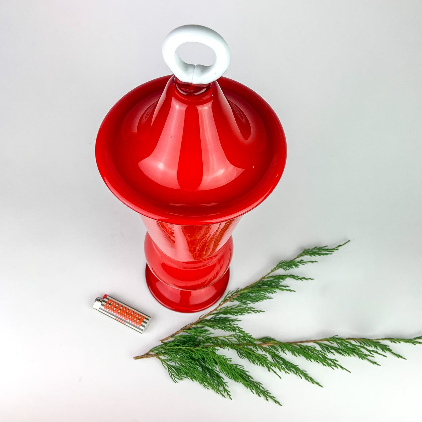 Large Post Modern Red Lidded Glass Jar #O965