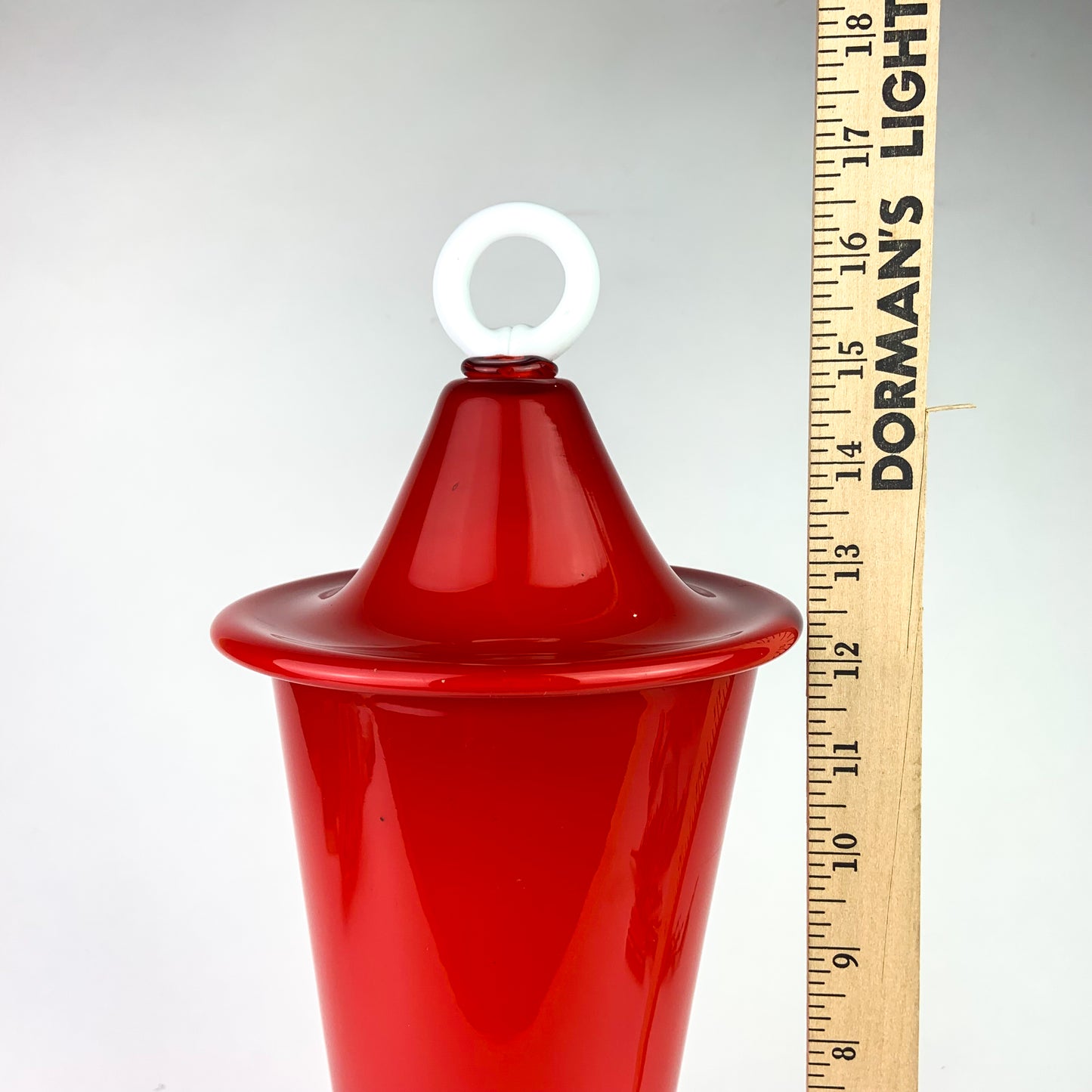 Large Post Modern Red Lidded Glass Jar #O965