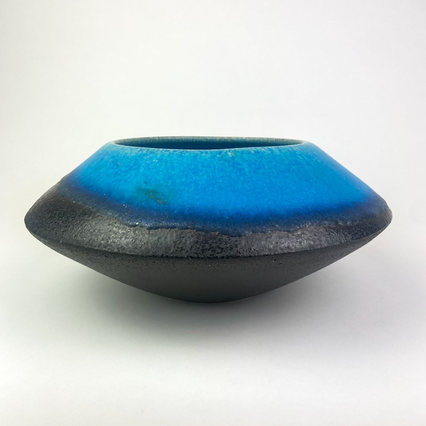 Vintage Blue + Black Ceramic UFO Bowl #O946