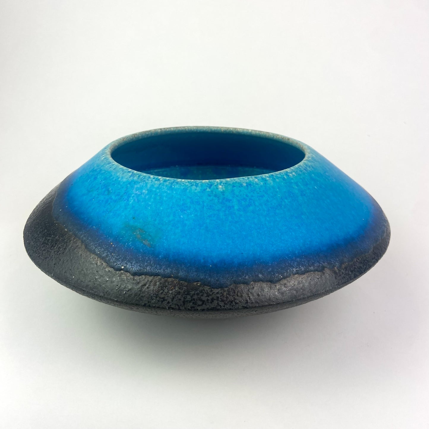 Vintage Blue + Black Ceramic UFO Bowl #O946