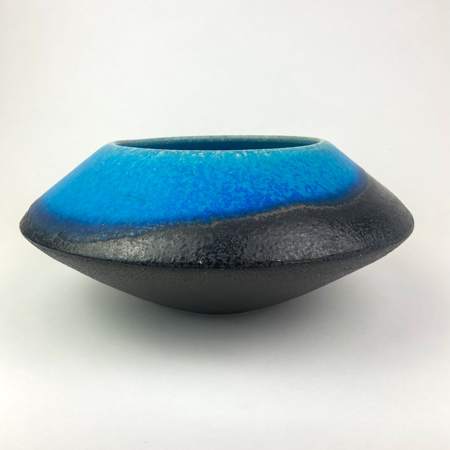 Vintage Blue + Black Ceramic UFO Bowl #O946