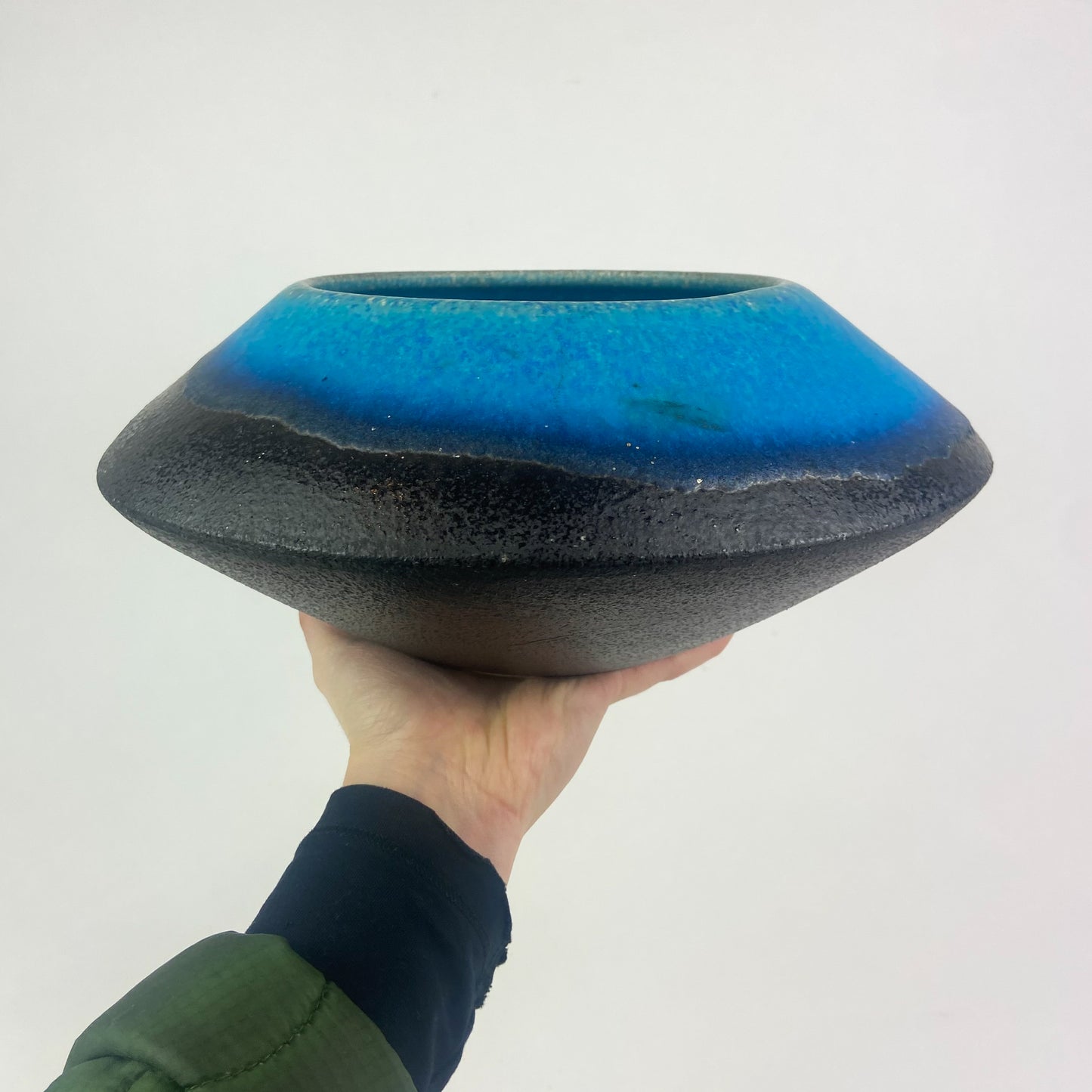 Vintage Blue + Black Ceramic UFO Bowl #O946