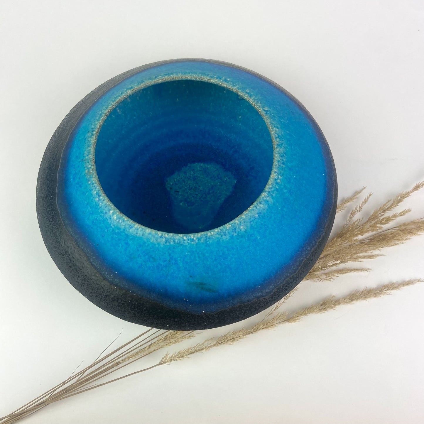 Vintage Blue + Black Ceramic UFO Bowl #O946