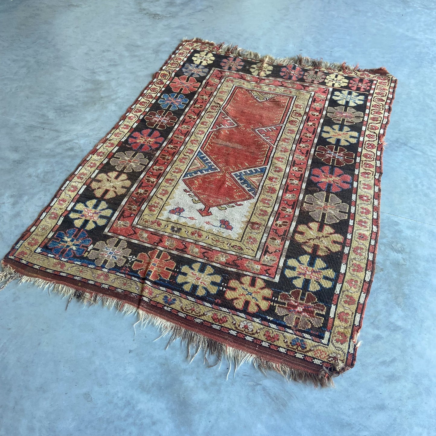 Early Antique Caucasian Prayer Accent Rug #R961 - 3'7" x 4'10"