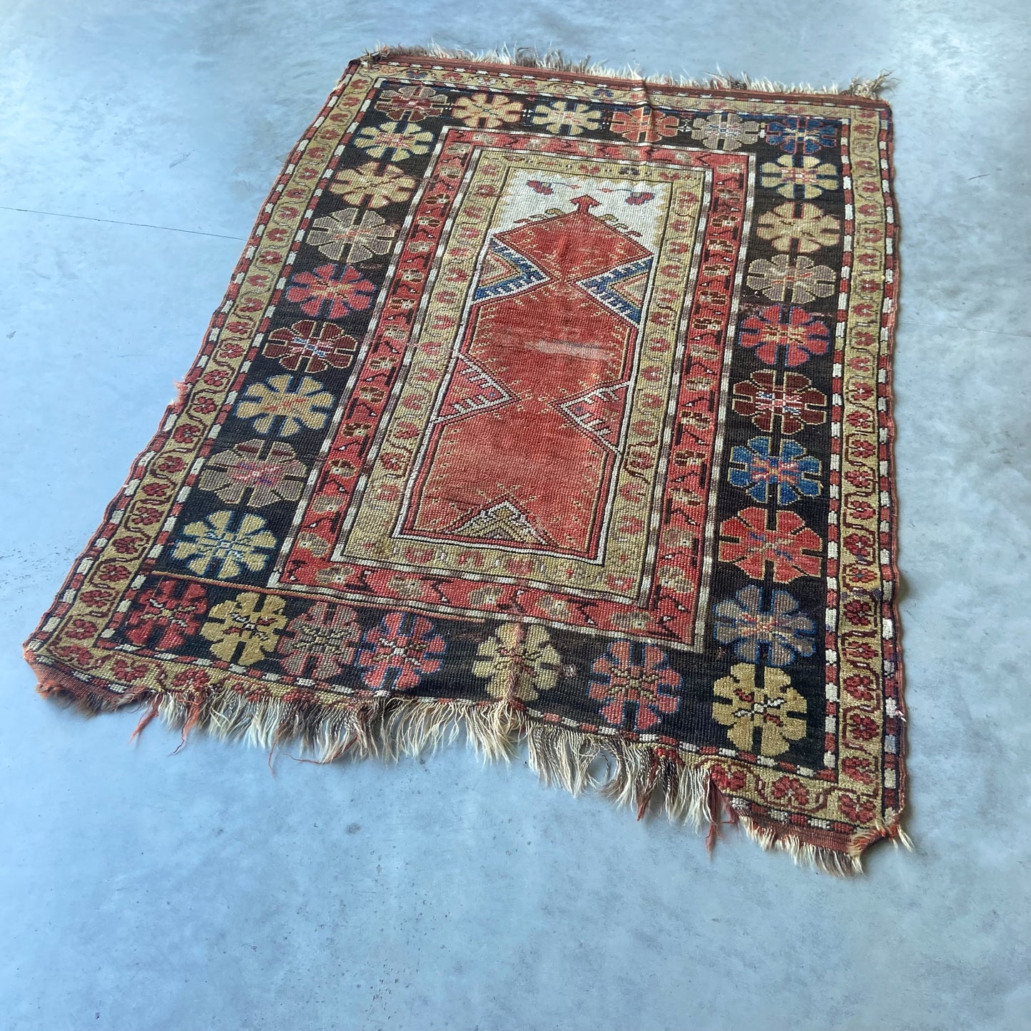 Early Antique Caucasian Prayer Accent Rug #R961 - 3'7" x 4'10"