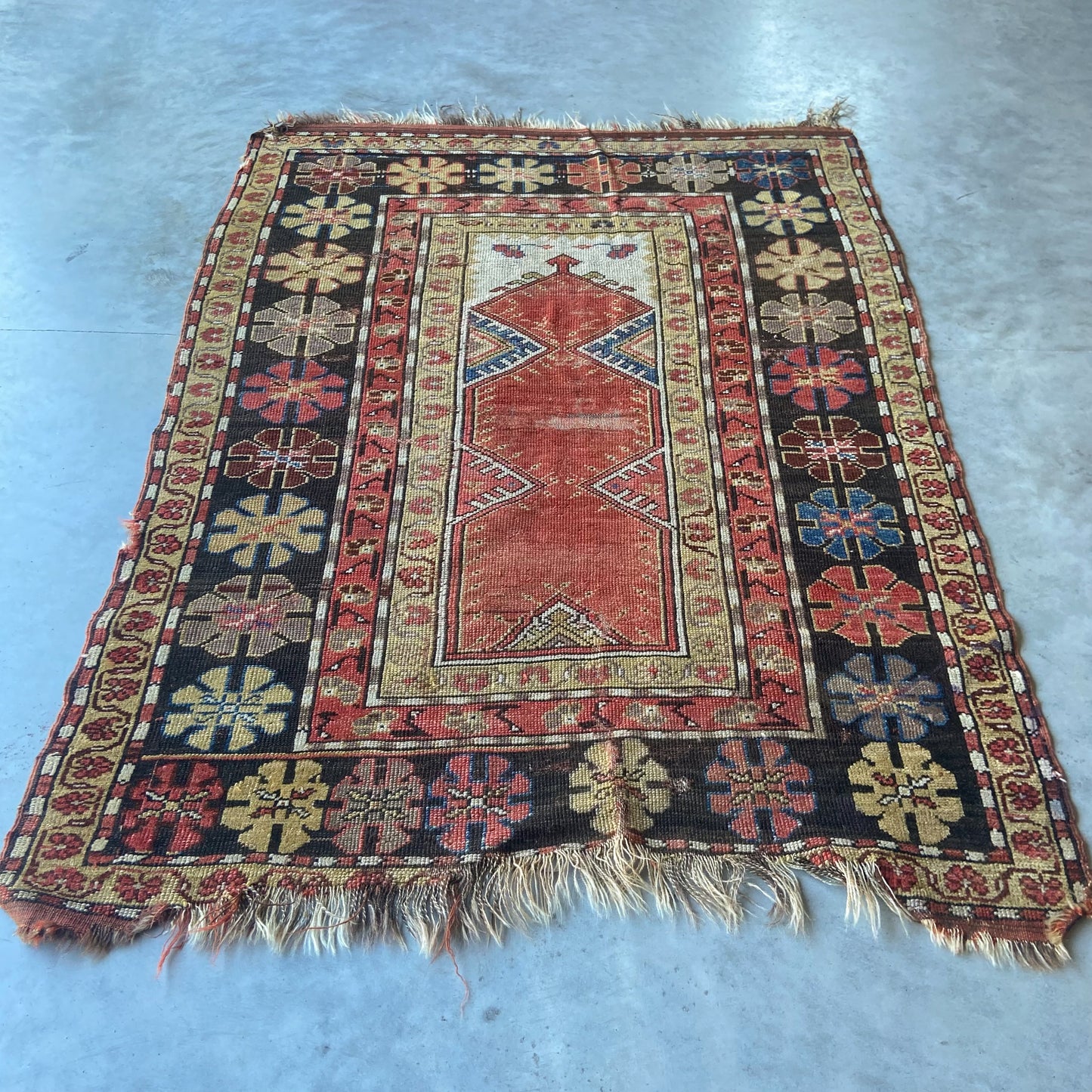 Early Antique Caucasian Prayer Accent Rug #R961 - 3'7" x 4'10"