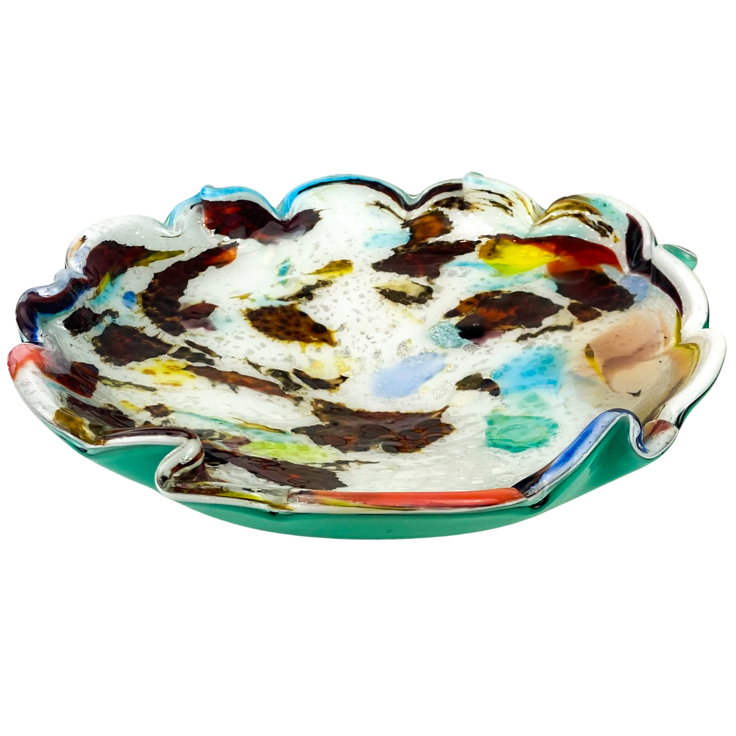 Murano Turquoise Cased Silver Fleck Scalloped Glass Catchall/Ashtray #O1061