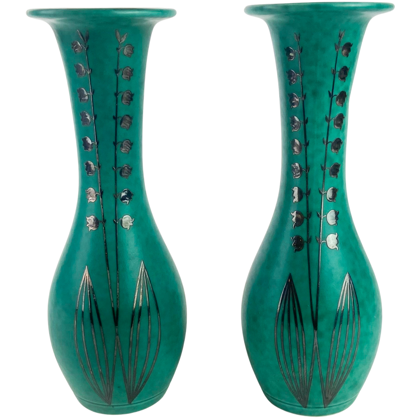 Pair Of Mottled Green Gustavsberg Argenta Stoneware Vases #O1056