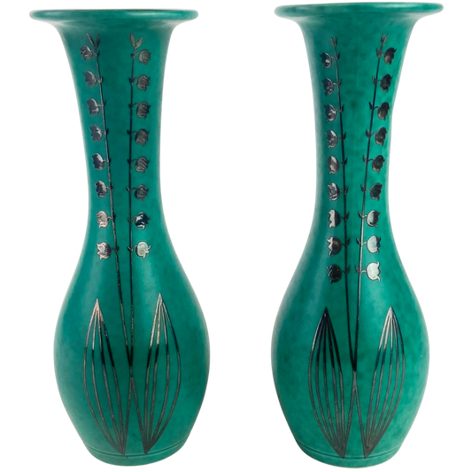 Pair Of Mottled Green Gustavsberg Argenta Stoneware Vases #O1056