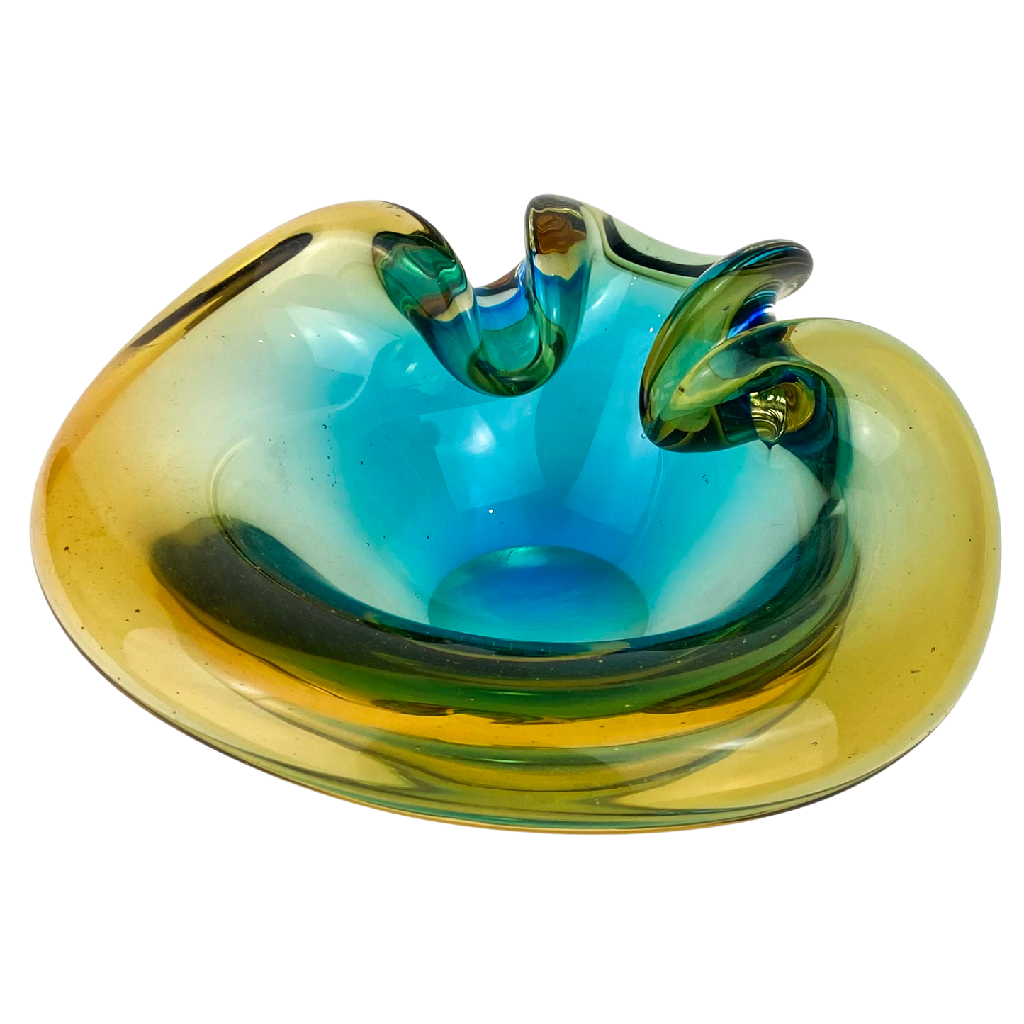 Murano Aqua + Amber Curled Glass Catchall/Ashtray #O1063