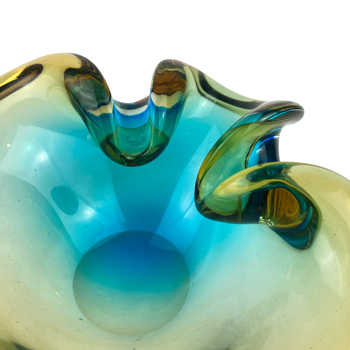 Murano Aqua + Amber Curled Glass Catchall/Ashtray #O1063