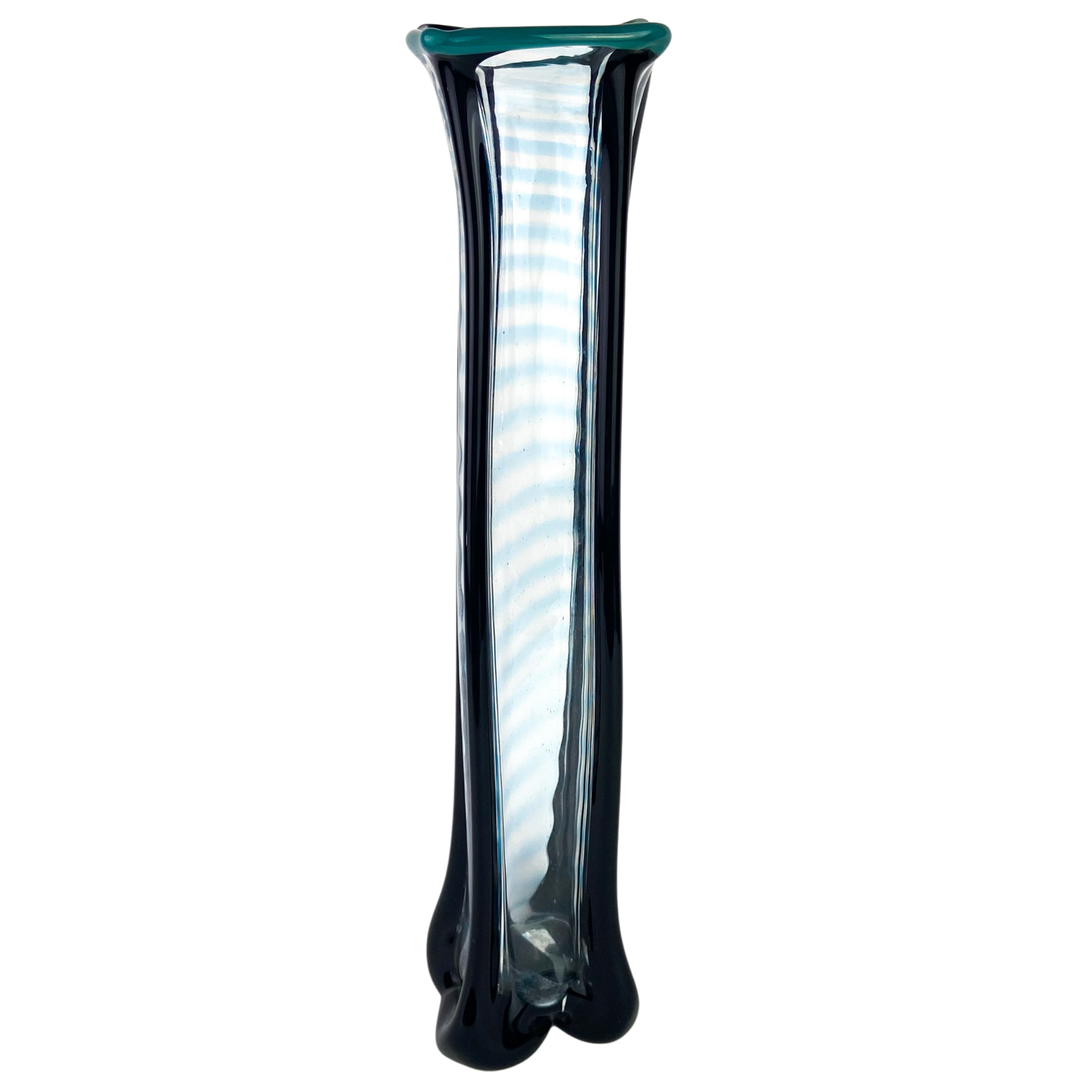 Tall Black + Teal + Clear Fluted Art Glass Vase #O1140