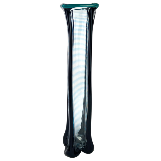 Tall Black + Teal + Clear Fluted Art Glass Vase #O1140