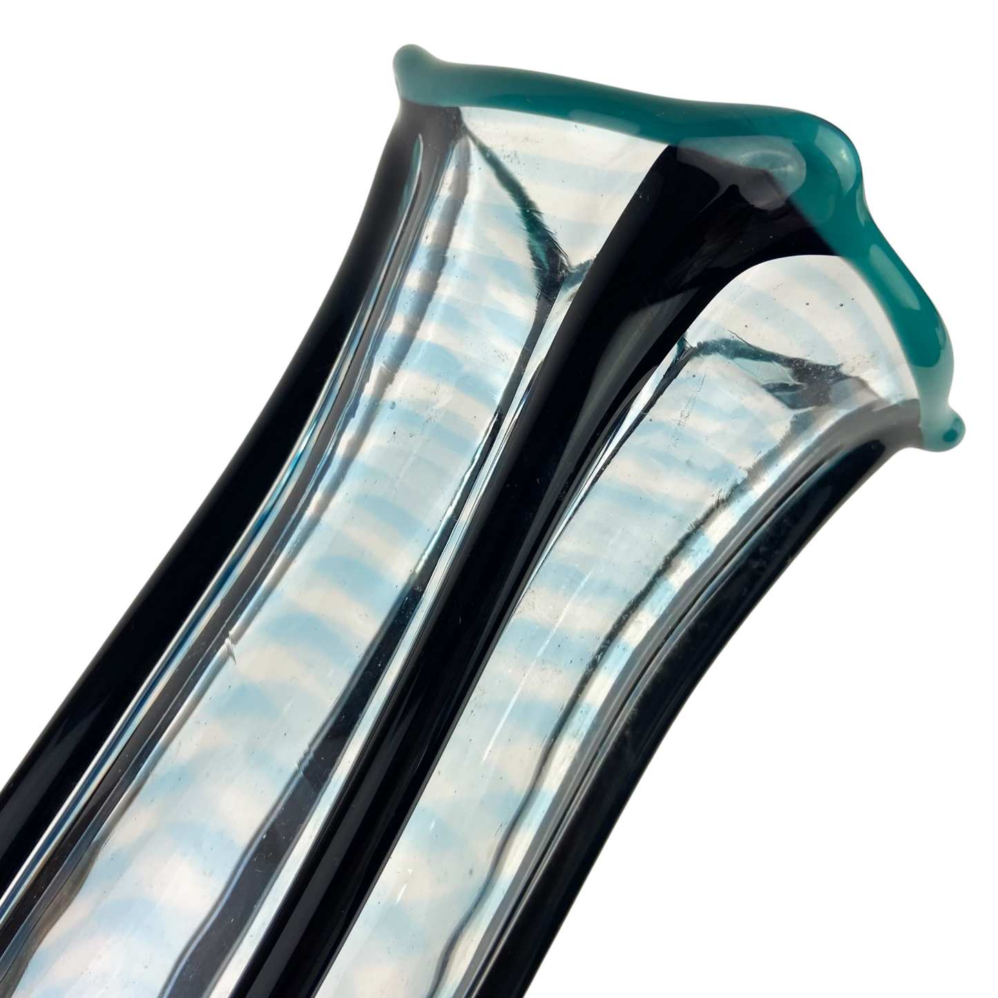 Tall Black + Teal + Clear Fluted Art Glass Vase #O1140