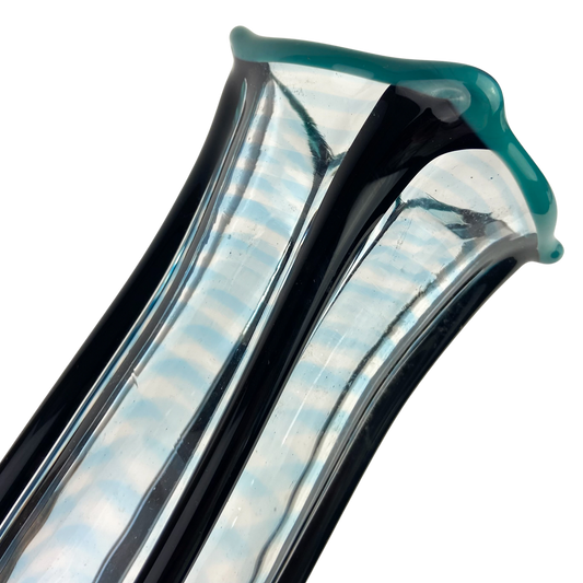 Tall Black + Teal + Clear Fluted Art Glass Vase #O1140