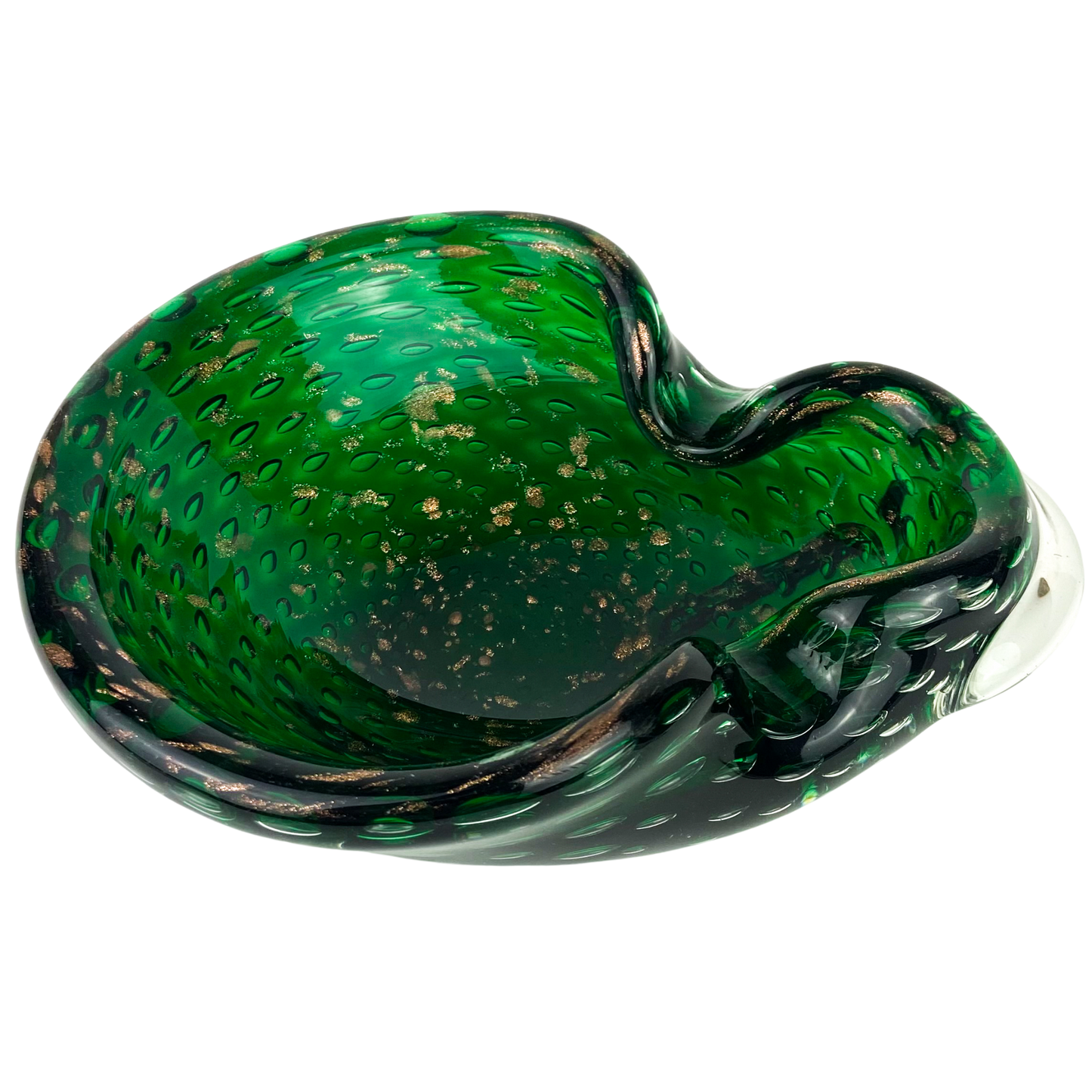 Murano Emerald + Gold Bullicante Glass Catchall/Ashtray #O1145