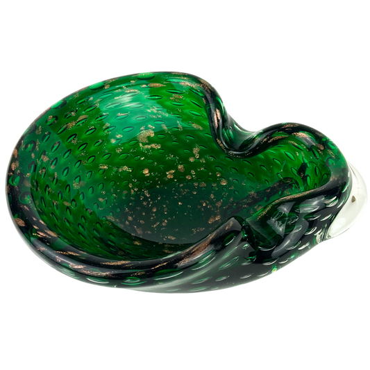 Murano Emerald + Gold Bullicante Glass Catchall/Ashtray #O1145