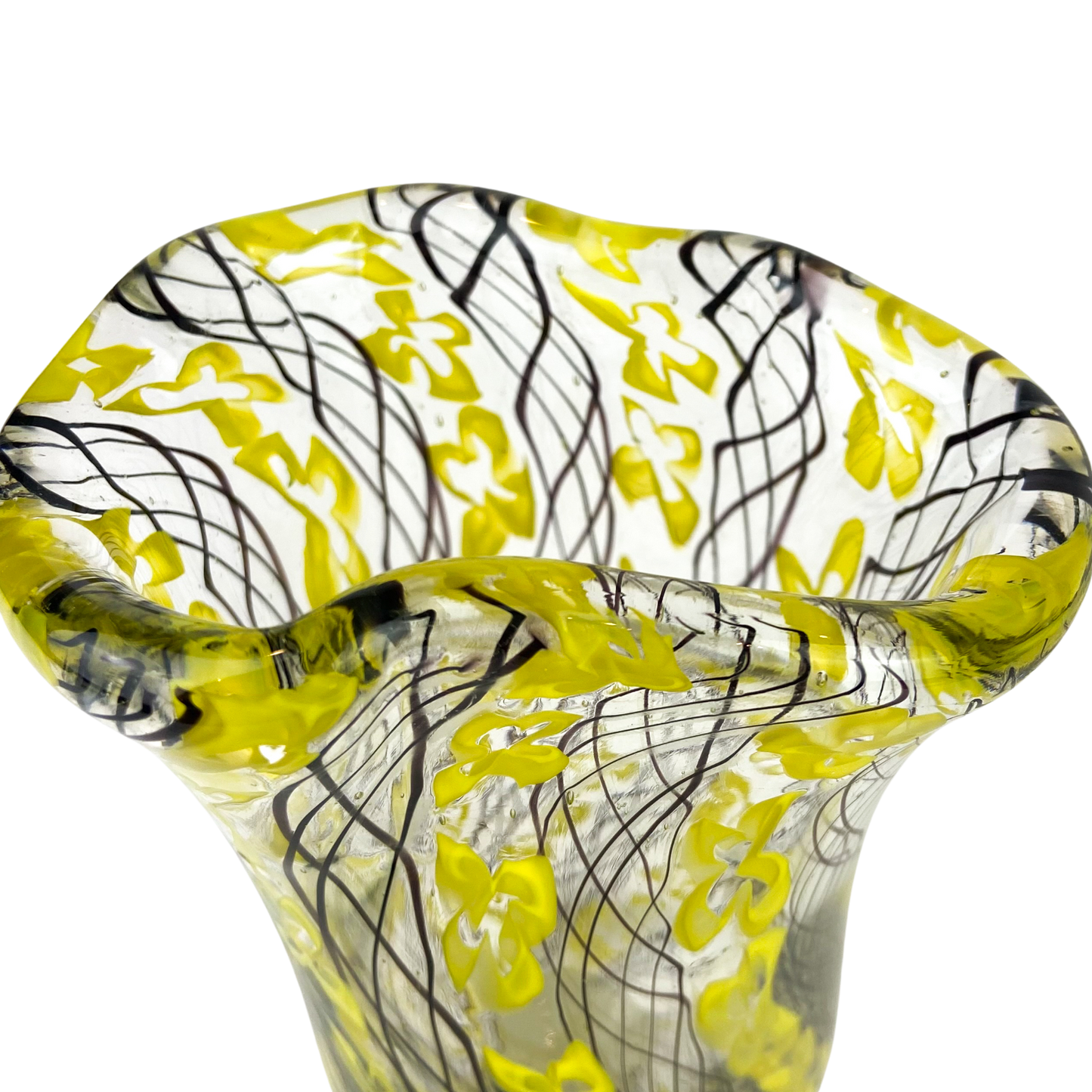 Handblown Yellow + Black Latticino Art Glass Vase #O1163