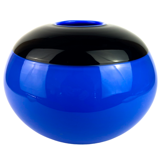 Post Modern Cobalt + Black Round Studio Art Glass Vase #O1176