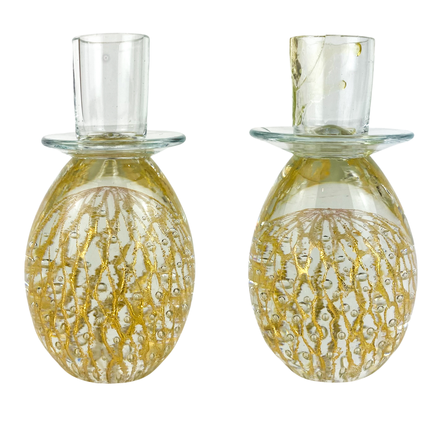 Pair of Clear + Gold Fleck Bubbled Candlesticks #O1182